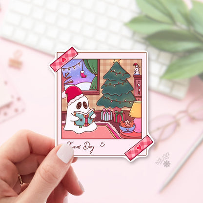 Christmas Ghost bookish sticker, vinyl die cut, holiday reader gift