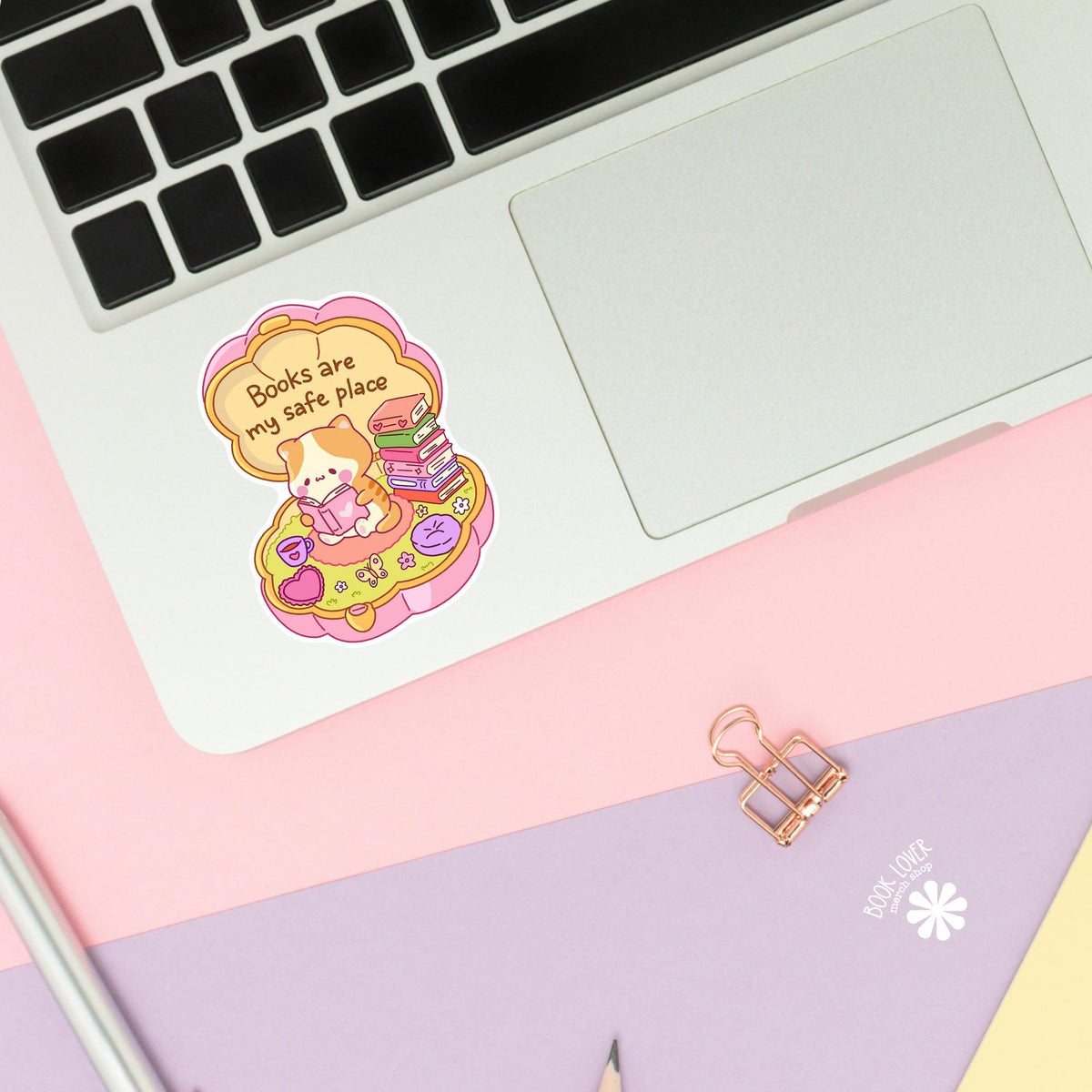Safe Place Orange Cat sticker close up, matte finish, book lover vinyl decal