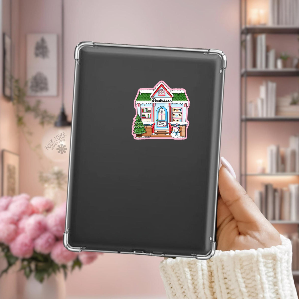 Snowy Holiday Bookstore Kindle sticker on desk, bookish decal