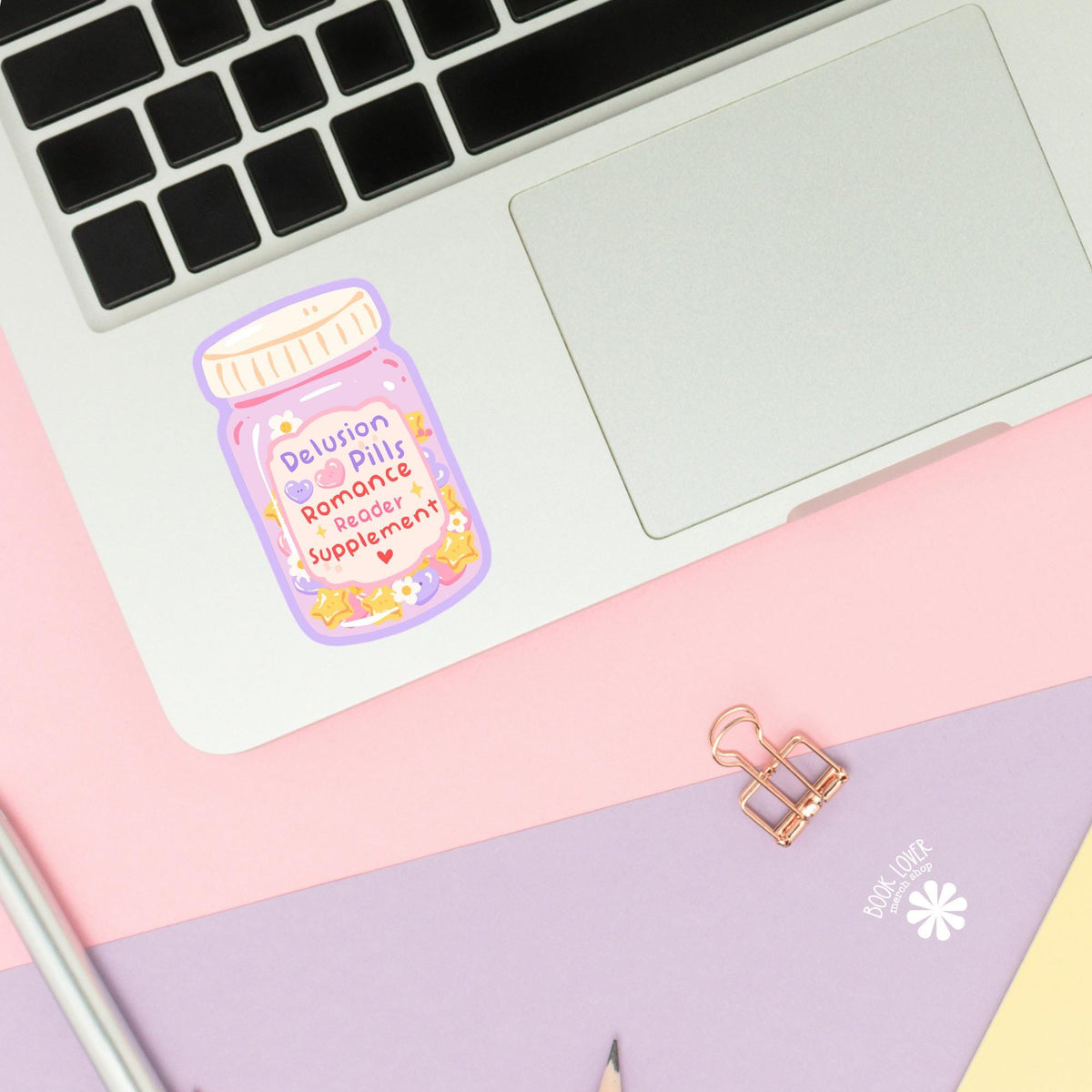 Delusion Pills Jar sticker close up, matte finish, book lover vinyl decal