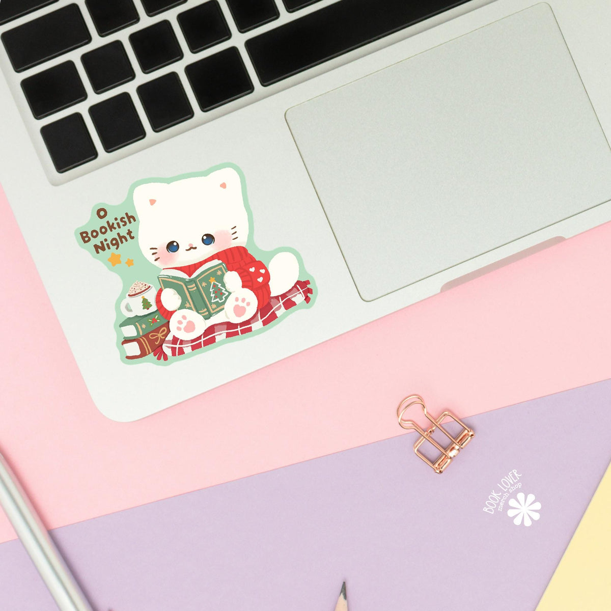 Cat Christmas Sweater sticker close up, matte finish, book lover vinyl decal