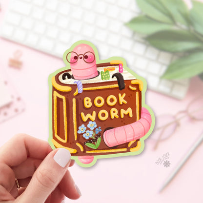Bookworm bookish sticker, vinyl die cut, book lover gift