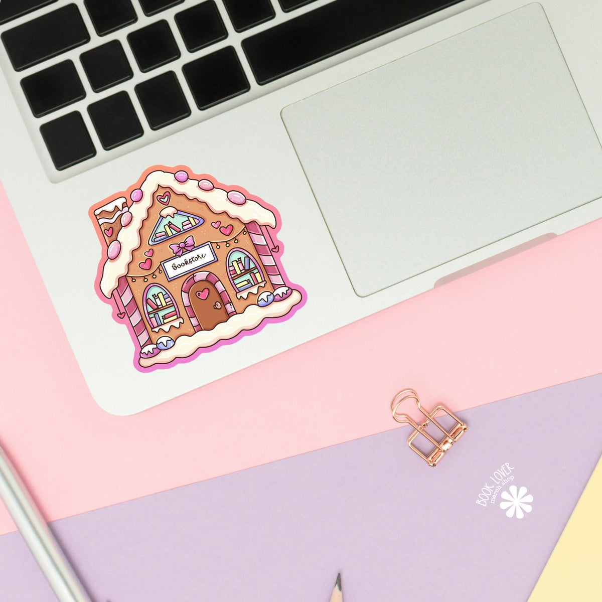 Gingerbread Bookstore sticker close up, matte finish, book lover vinyl decal