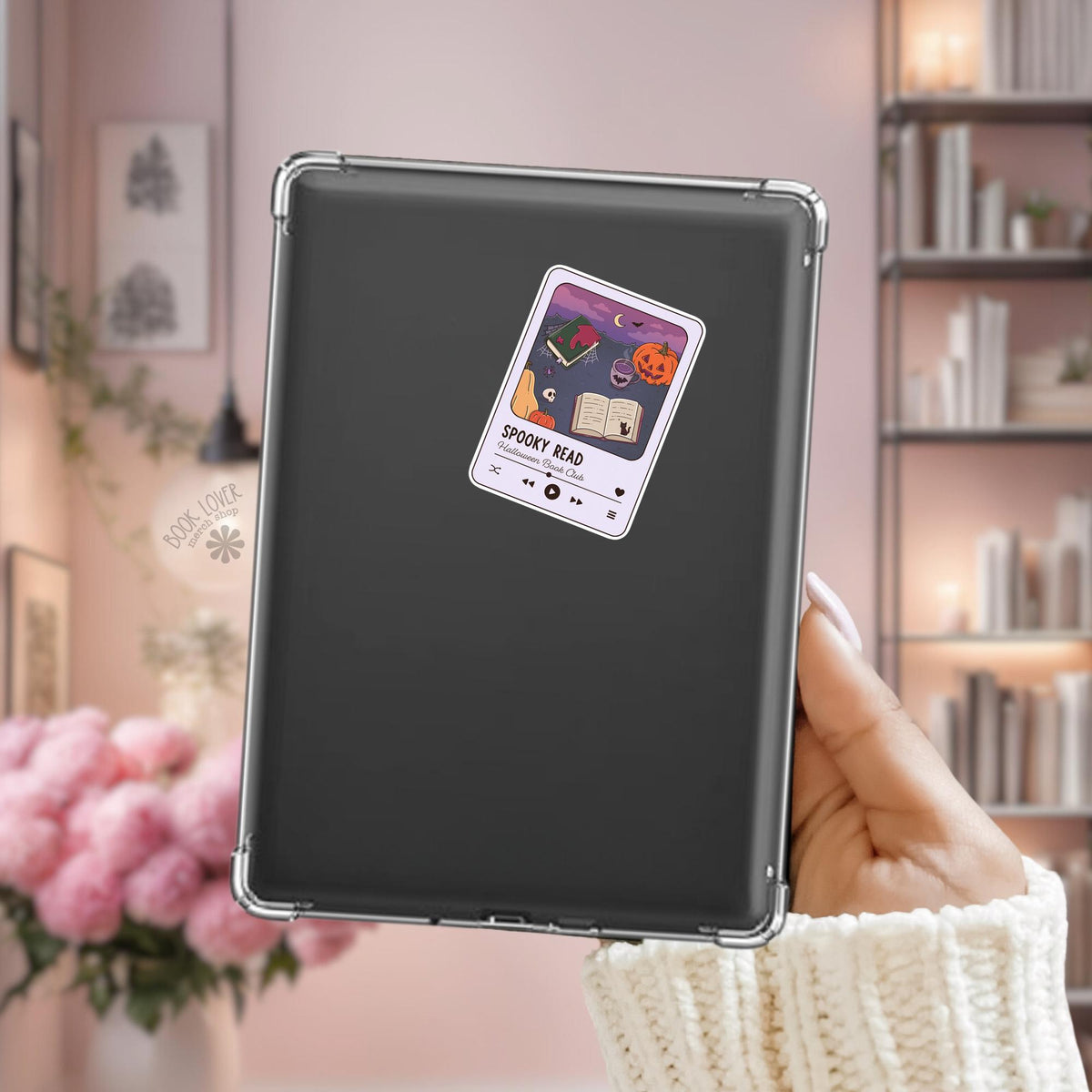 Halloween book club Kindle sticker on desk, bookish halloween decal