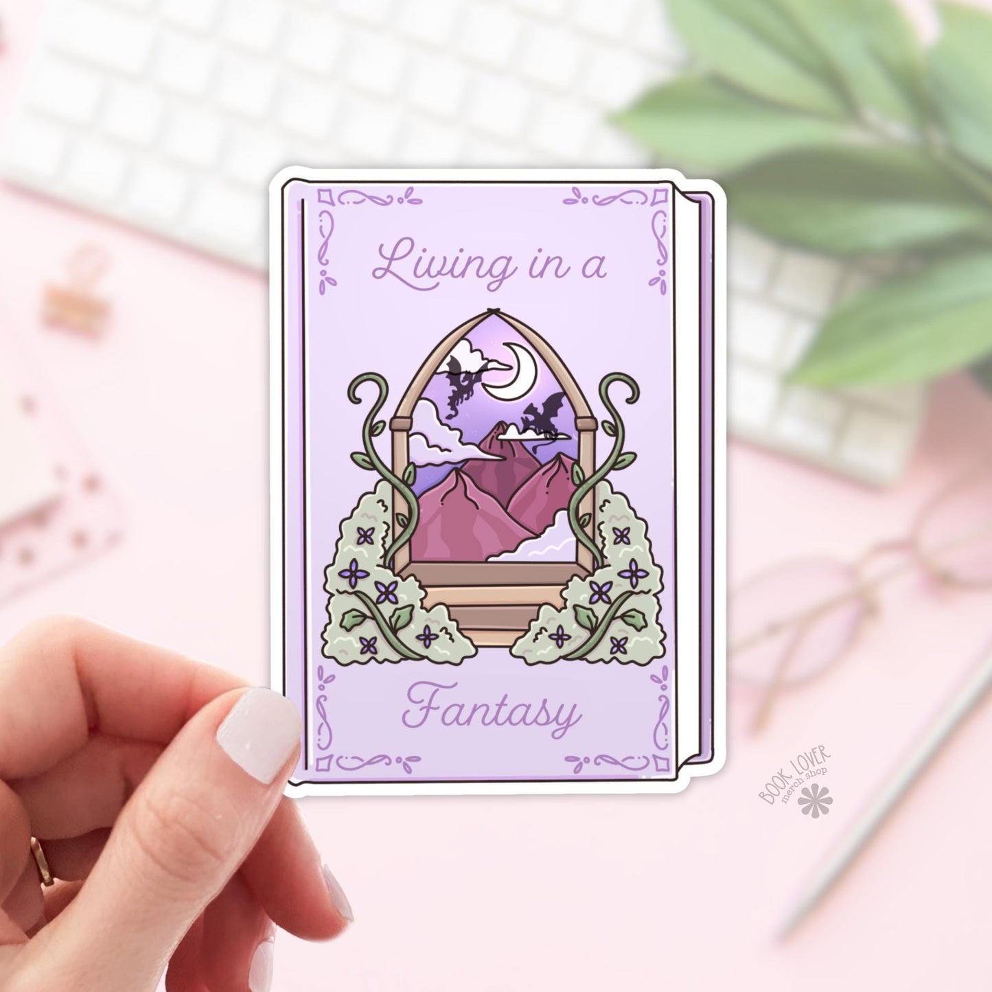 Living in a Fantasy Stickers / Bookish Stickers / Book Lover Gift / Bookish Dragon Merch / Kindle Sticker / / Reading Lover / E-Reader