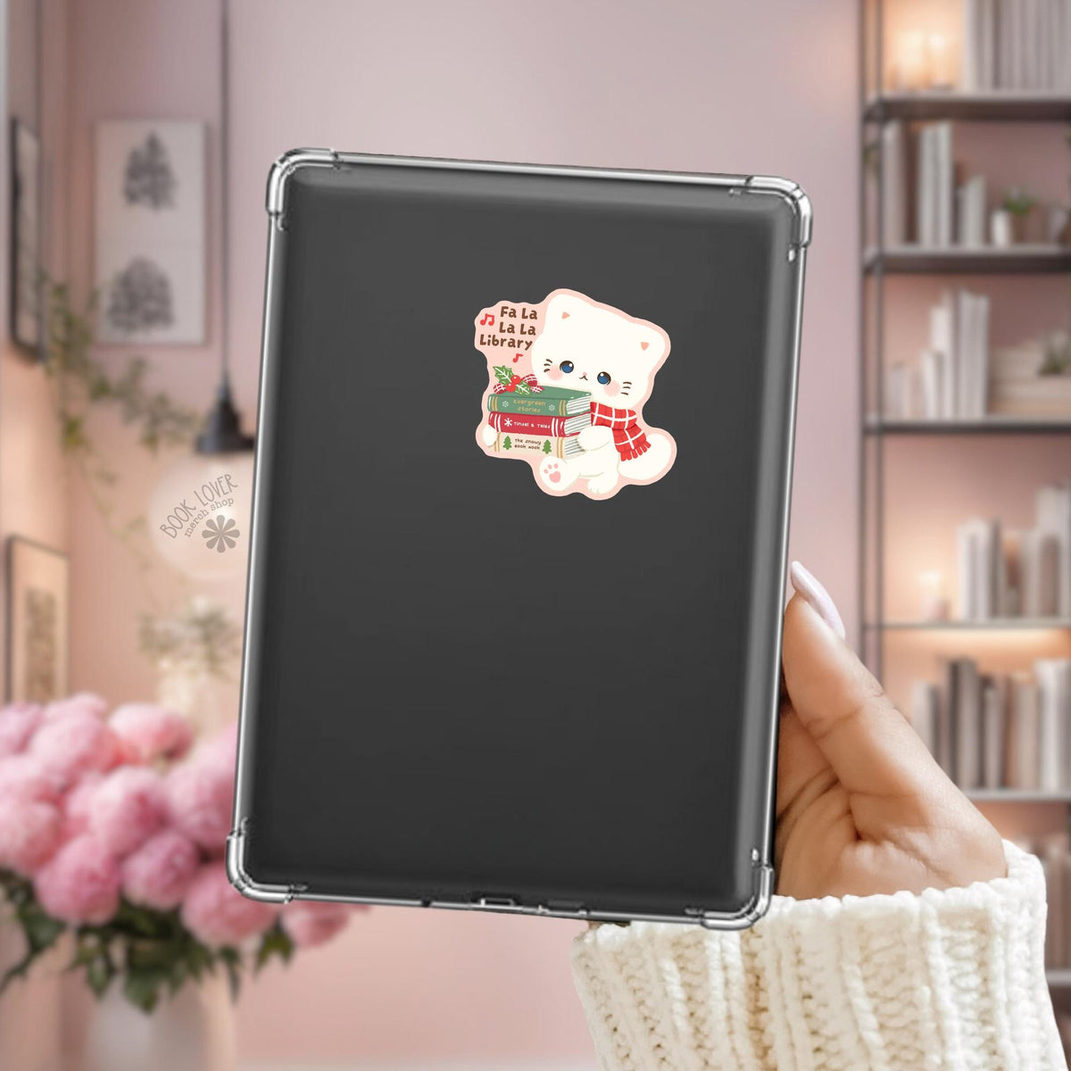 Kitten Book Stack Kindle sticker on desk, bookish decal