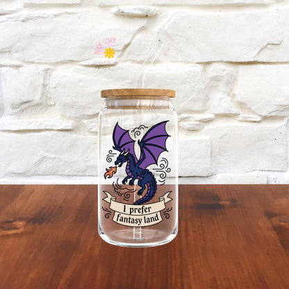 I prefer Fantasy Land 16 OZ Glass Can With Lid and Straw / Bookish Mug / Book Lover Gift / Bookish Merch Stickers / UV Dtf Wrap Transfert