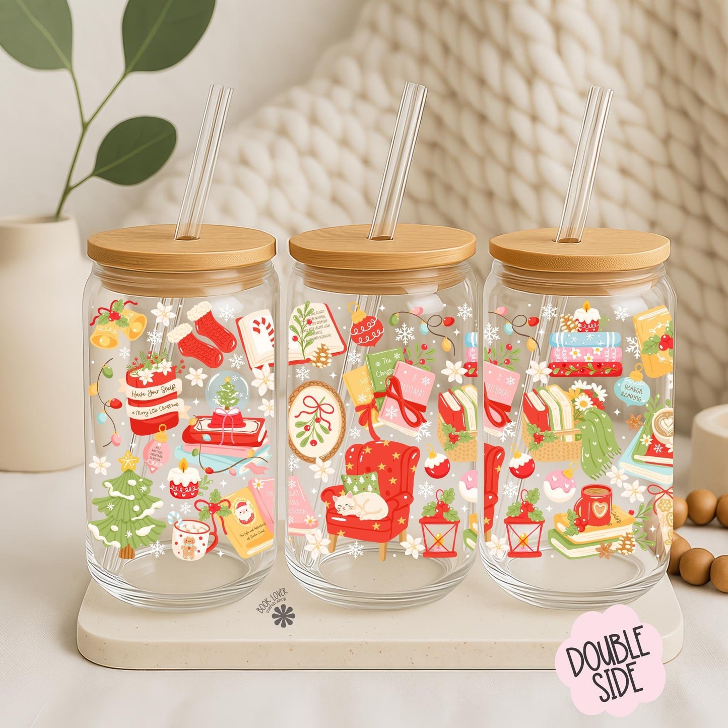 Bookish Christmas 16 OZ Glass Can With Lid and Straw / Bookish Mug / Book Lover Gift / Bookish Merch Stickers / UV Dtf Libbey Wrap Transfert