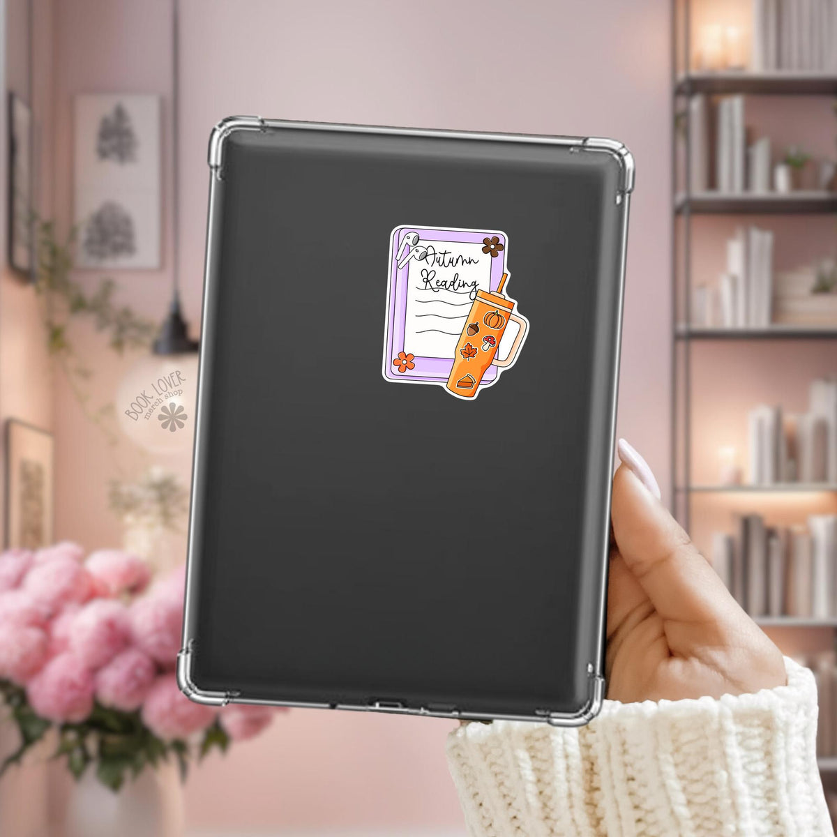 Autumn reading Kindle Kindle sticker on desk, bookish autumn decal