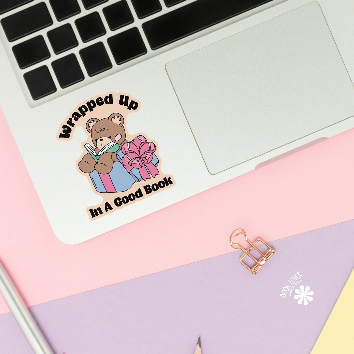 Teddy Bear Reading sticker close up, matte finish, book lover vinyl decal