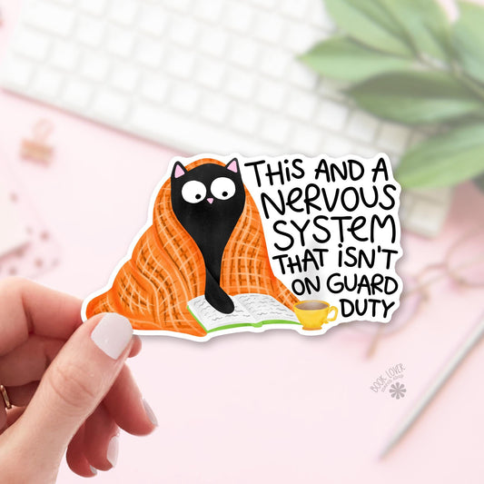 Black Cat Tea and Book bookish sticker, vinyl die cut, introvert reader gift