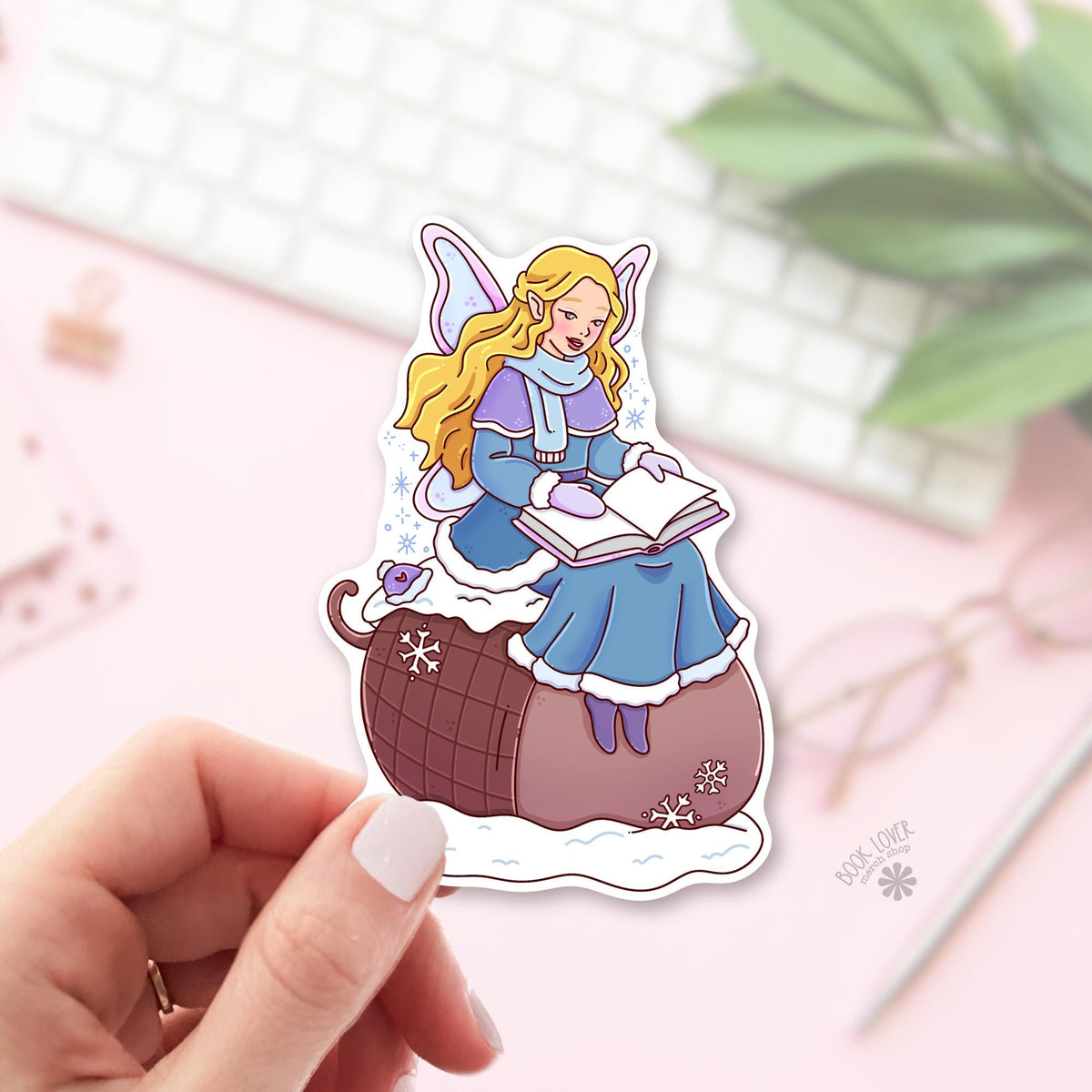 Winter Fairy bookish sticker, vinyl die cut, cozy reader gift