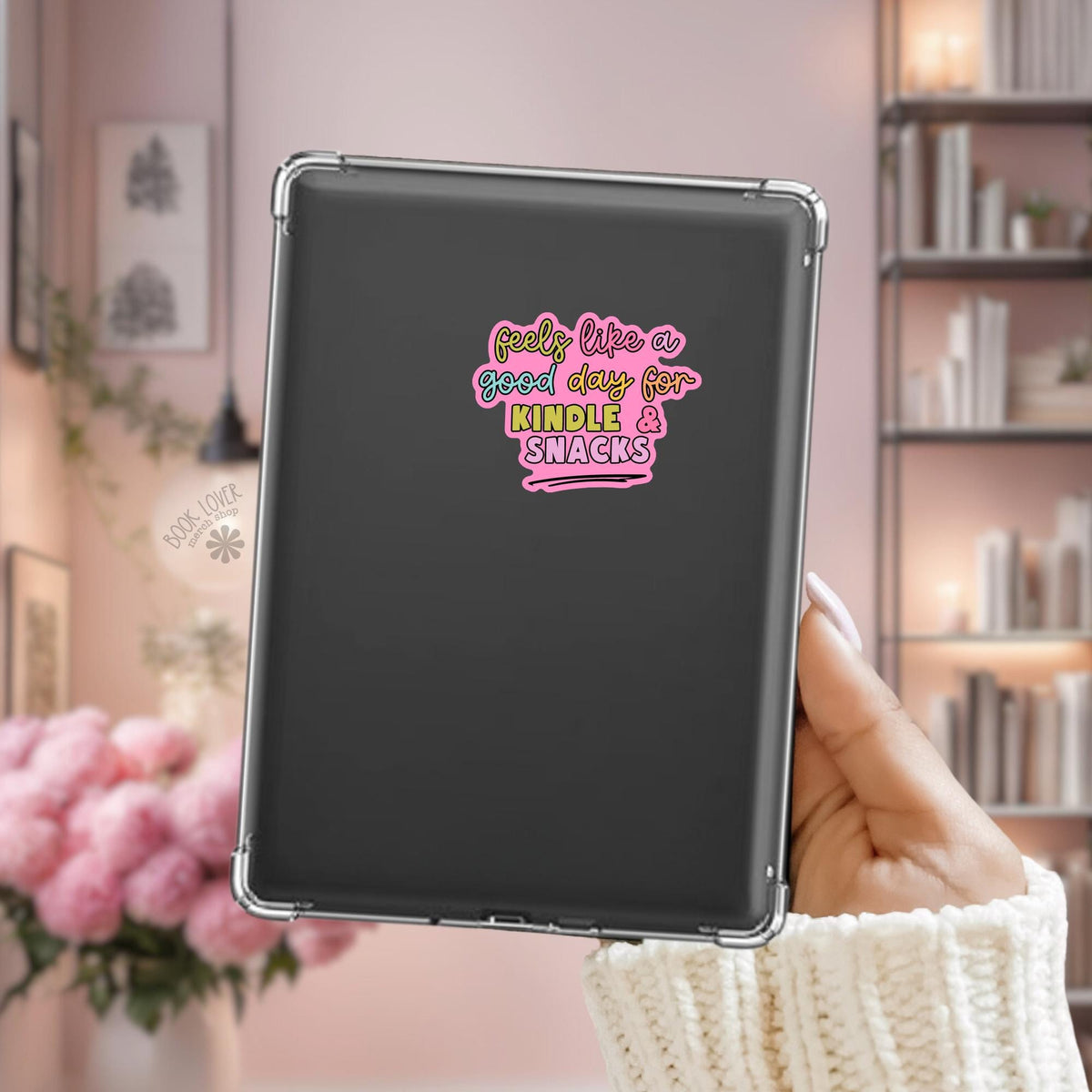 Reading Snacks Kindle sticker on desk, bookish decal