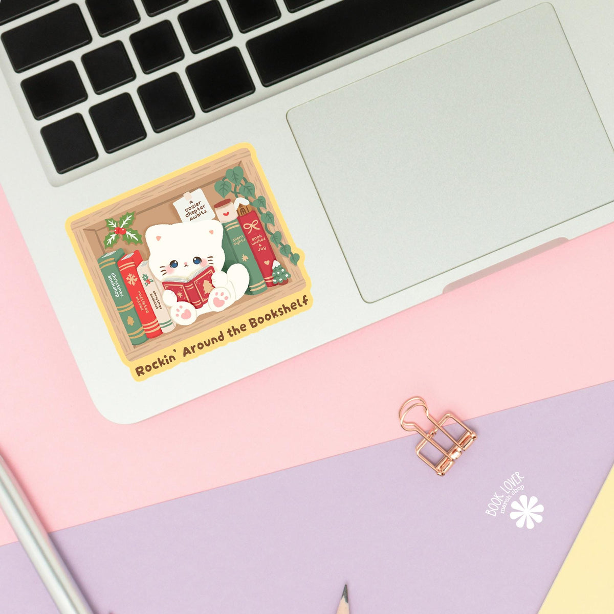 Bookshelf Cat Holly sticker close up, matte finish, book lover vinyl decal
