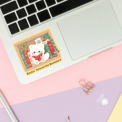 Bookshelf Cat Holly sticker close up, matte finish, book lover vinyl decal