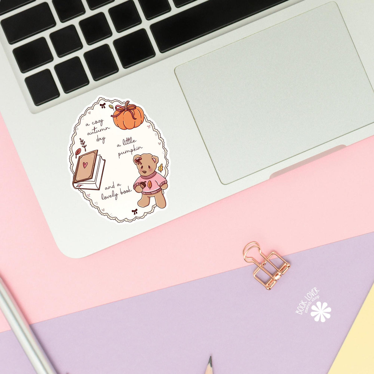 Cozy autumn book frame sticker close up, matte finish, book lover vinyl decal
