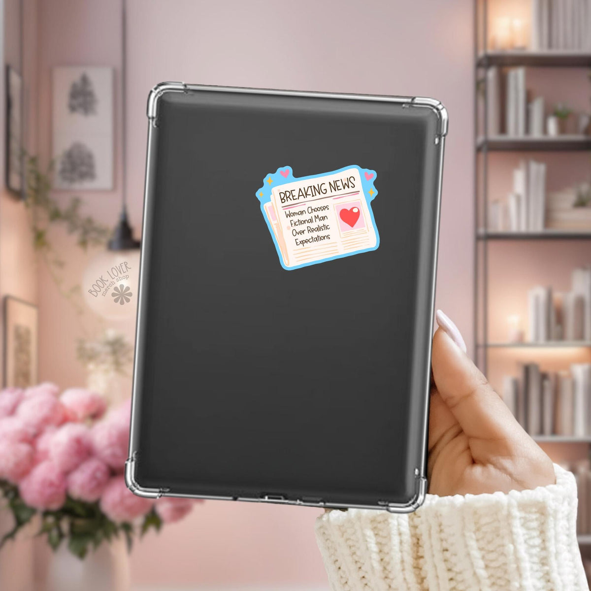 Breaking News Kindle sticker on desk, bookish decal