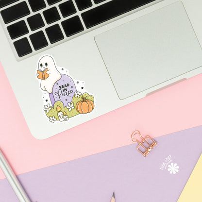 Read in peace ghost sticker close up, matte finish, book lover vinyl decal