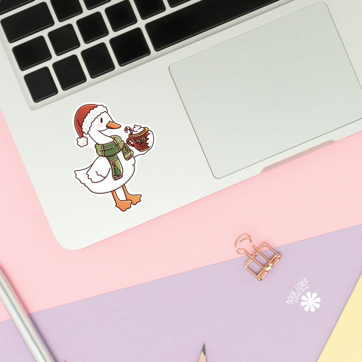 Christmas Goose Cocoa Kindle sticker on desk, bookish decal