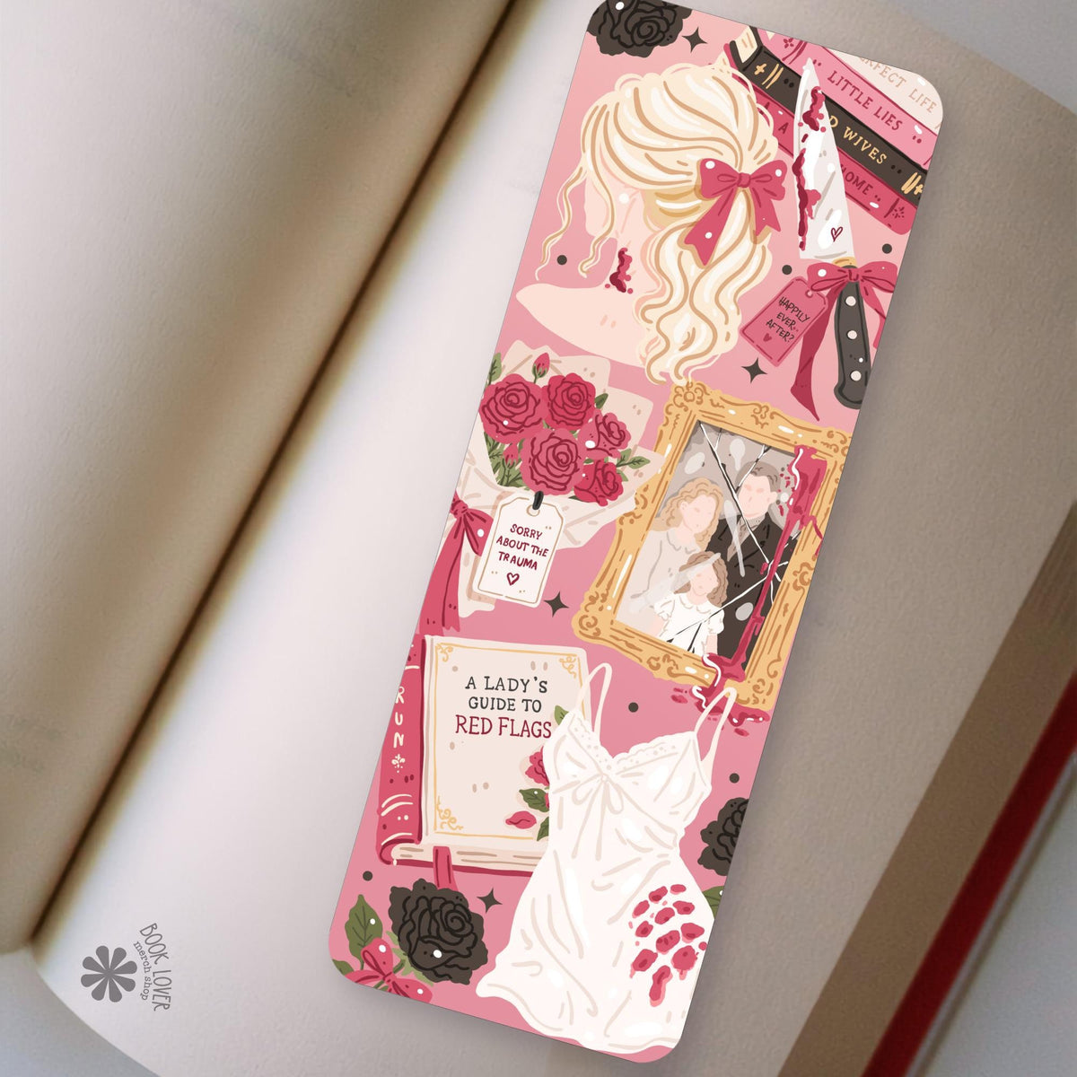 Pink Domestic Suspense bookmark front and back, cardstock page marker