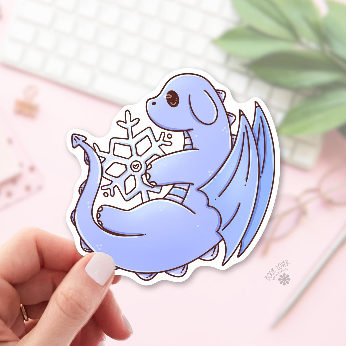 Snowflake Dragon bookish sticker, vinyl die cut, fantasy reader gift