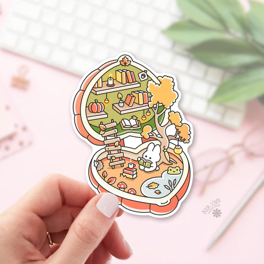 Bunny Autumn Burrow bookish sticker, vinyl die cut, cottagecore reader gift