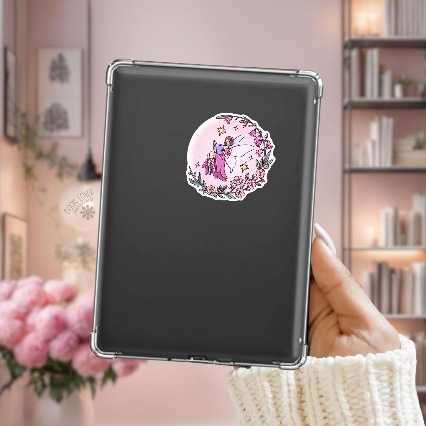Reading Fairy Sticker / Celestial Fairycore Sticker / Moon Fairy / Bookish Fairy / Fantasy Reader Gift / Pink Floral Aesthetic / Kindle