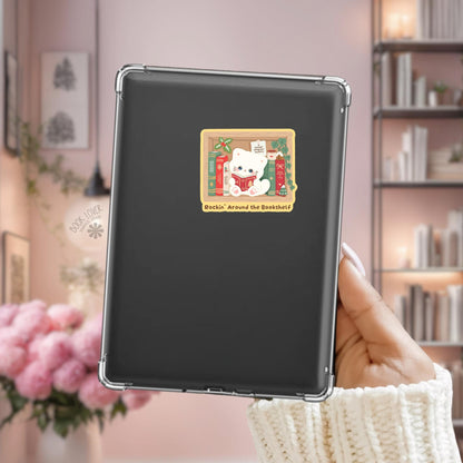 Bookshelf Cat Holly Kindle sticker on desk, bookish decal