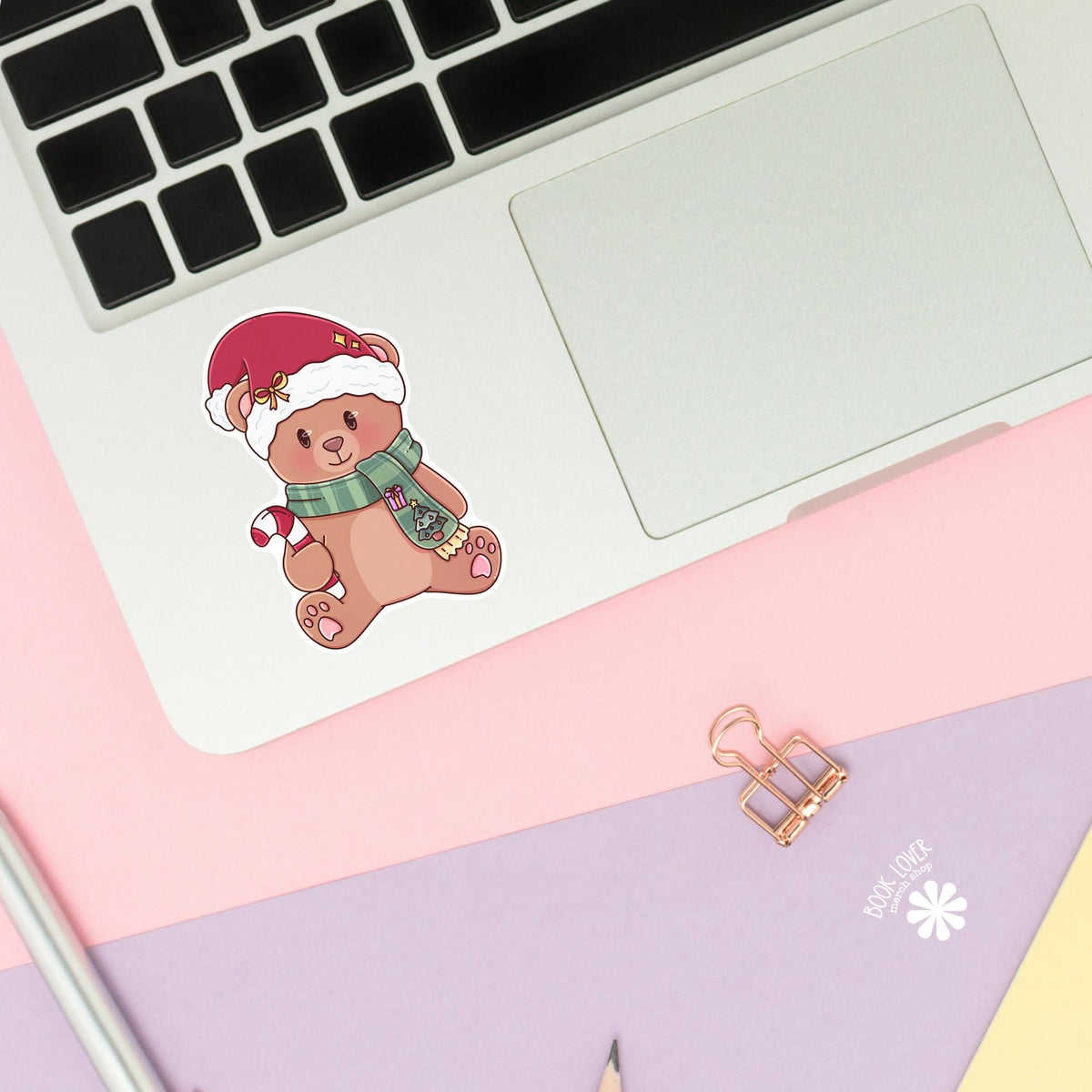 Teddy Bear Christmas sticker close up, matte finish, book lover vinyl decal