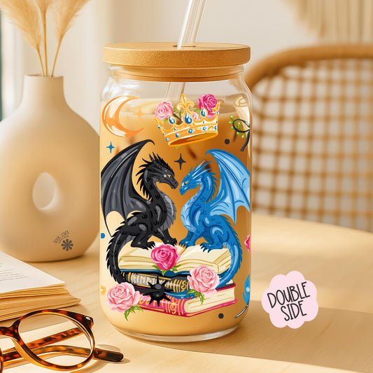 Fantasy Reader 16 OZ Glass Can With Lid and Straw / Bookish Dragon Mug / Book Lover Gift / Bookish Merch / UV Dtf Libbey Wrap Transfert