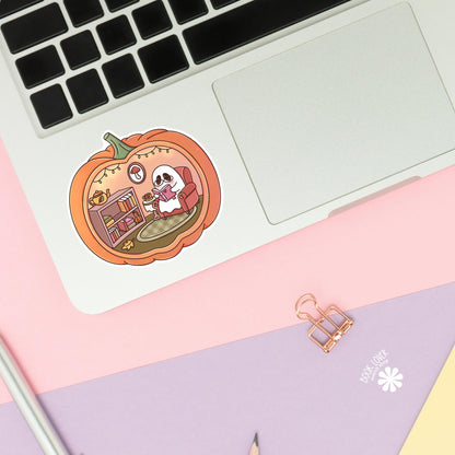 Pumpkin reading nook sticker close up, matte finish, book lover vinyl decal