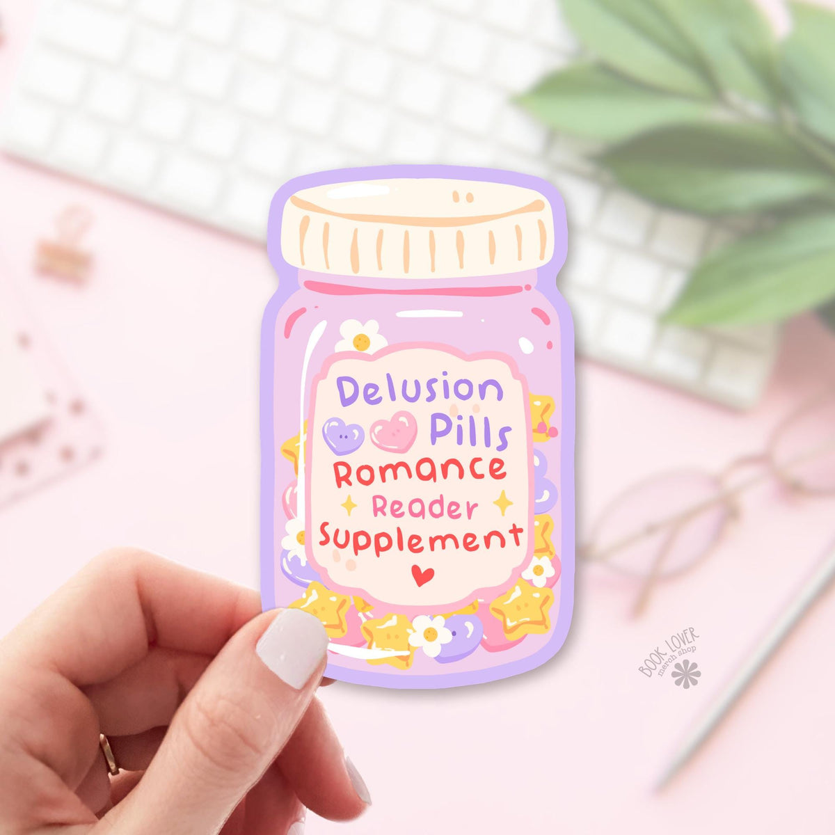 Delusion Pills Jar bookish sticker, vinyl die cut, Romance Reader gift