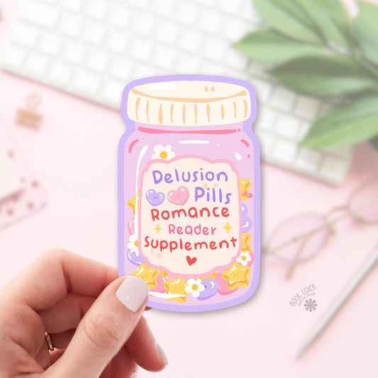 Delusion Pills Jar bookish sticker, vinyl die cut, Romance Reader gift