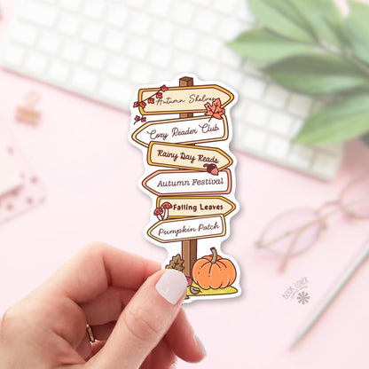 Autumn signpost bookish sticker, vinyl die cut, cozy autumn readers gift