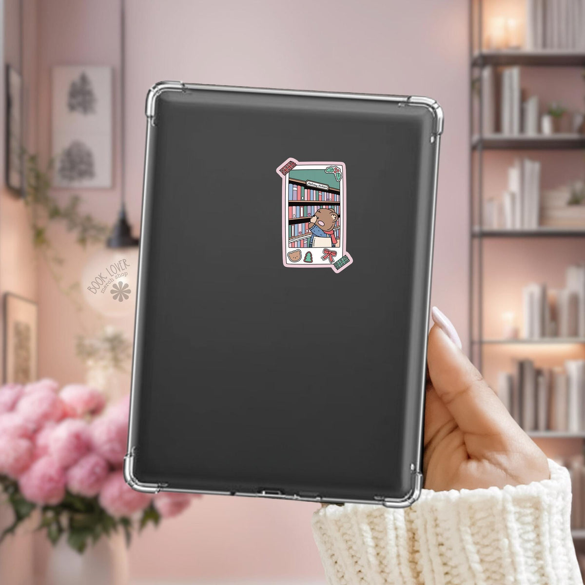 Holiday Library Bear Kindle sticker on desk, bookish decal