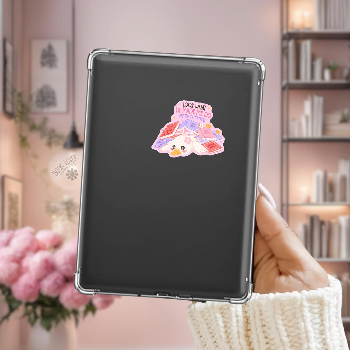 TBR Pile Duck Kindle sticker on desk, bookish decal