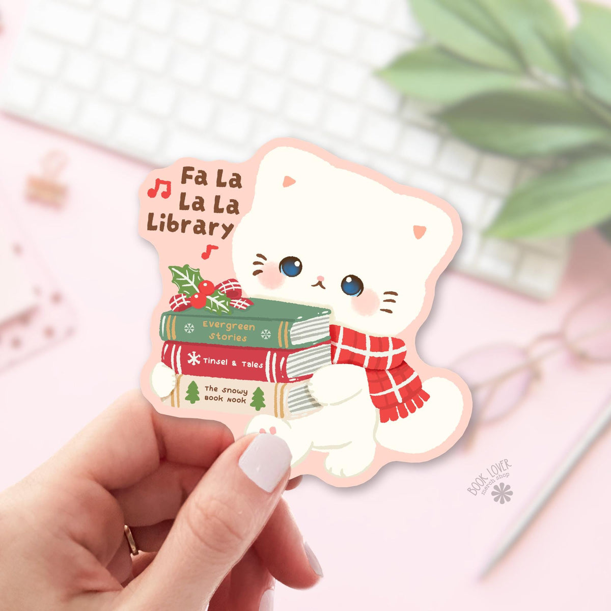 Kitten Book Stack bookish sticker, vinyl die cut, christmas cat lover gift