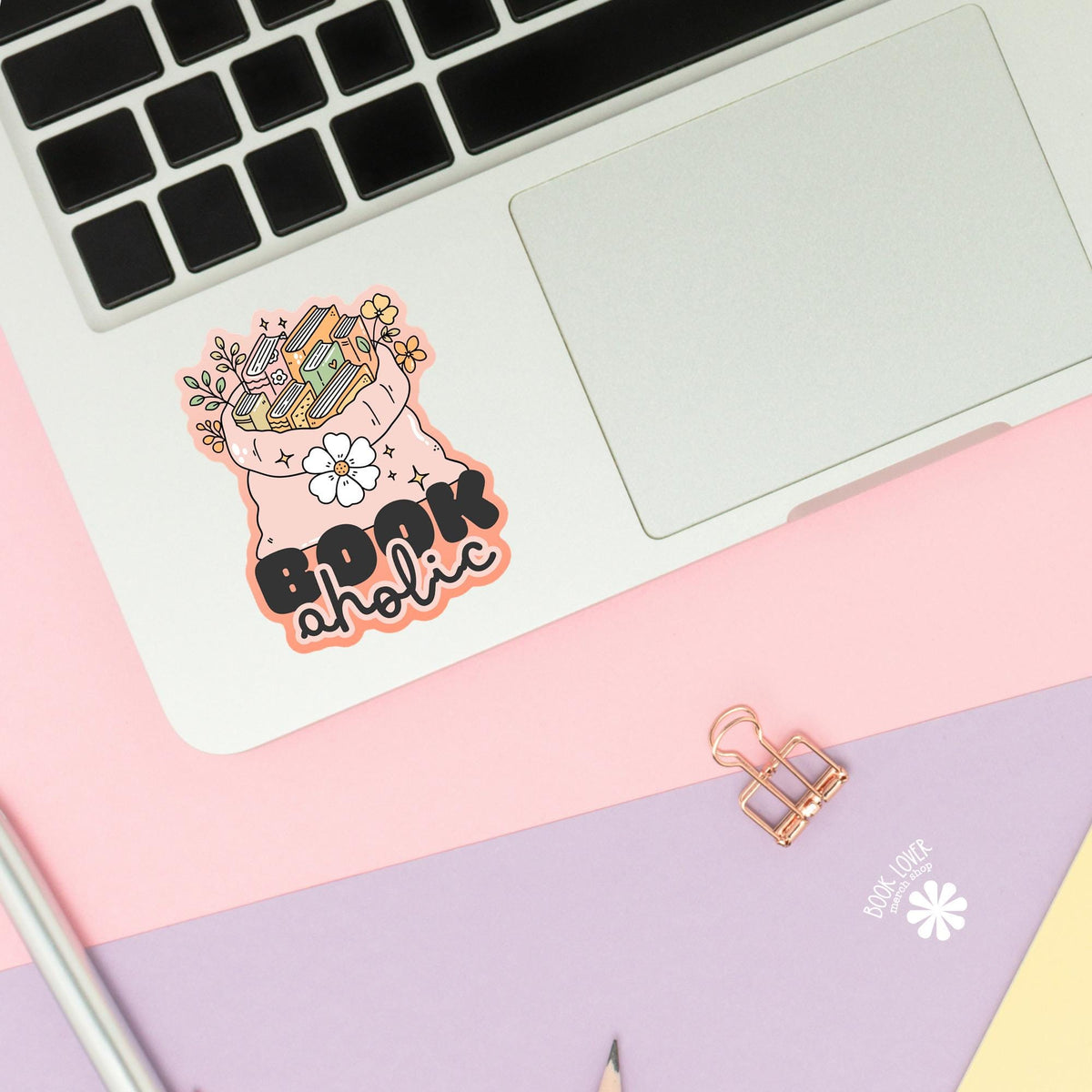 Bookaholic Flower Sack sticker close up, matte finish, book lover vinyl decal
