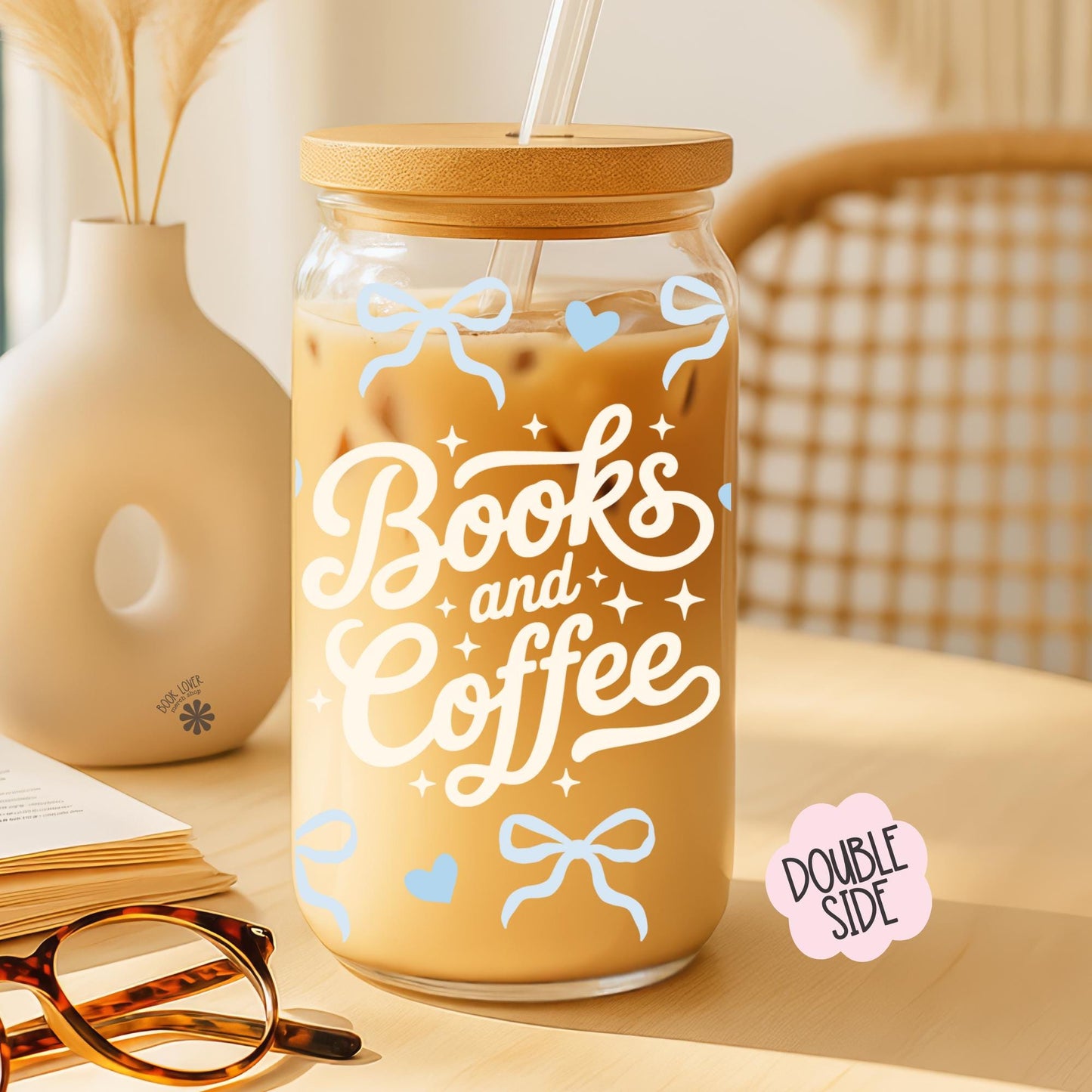 Books and Coffee 16 OZ Glass Can With Lid and Straw / Blue Bookish Mug / Book Lover Gift / Bookish Merch / UV Dtf Libbey Wrap Transfert