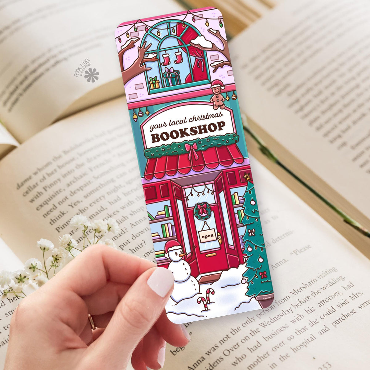 Christmas Bookshop bookmark, double sided page marker, holiday reader gift
