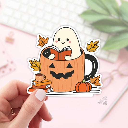Ghost Reading in a Pumpkin Mug Stickers / Bookish Stickers / Book Lover Gift / Bookish Merch / Kindle Sticker / Smut Reader / Reading Lover