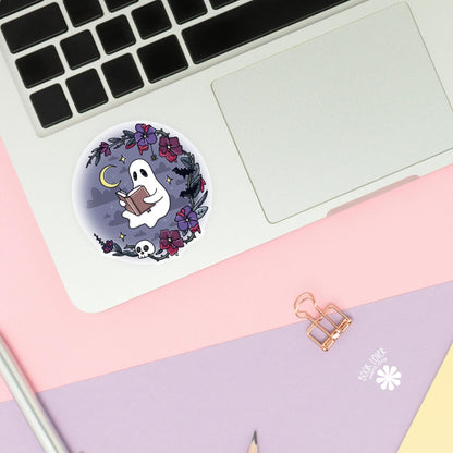 Ghost Reading Sticker / Floral Halloween Bookish / Spooky Reader Gift / Cute Ghost / Moody Halloween / Bookish Ghost / Kindle Decal