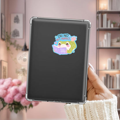 Swooning Frog Kindle sticker on desk, bookish decal