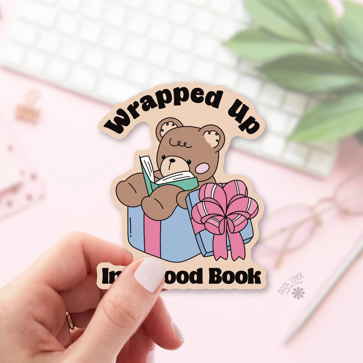 Teddy Bear Reading bookish sticker, vinyl die cut, book lover gift