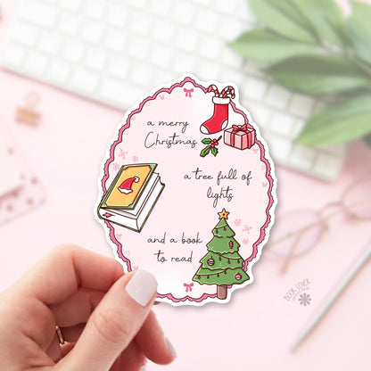 Merry Christmas book bookish sticker, vinyl die cut, readers who want books under the tree gift