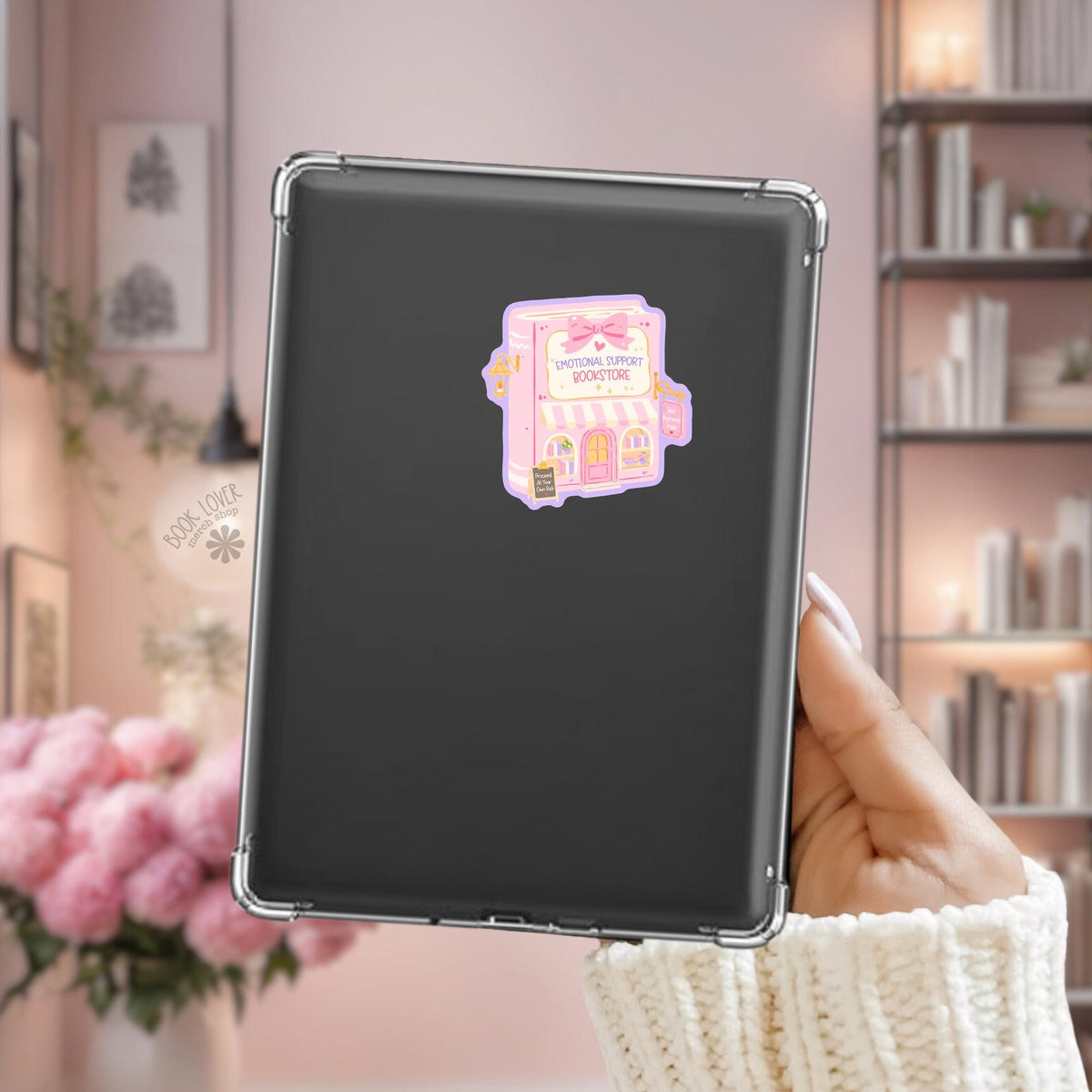 Pink Bow Bookstore Kindle sticker on desk, bookish decal