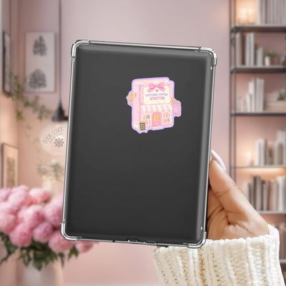Pink Bow Bookstore Kindle sticker on desk, bookish decal
