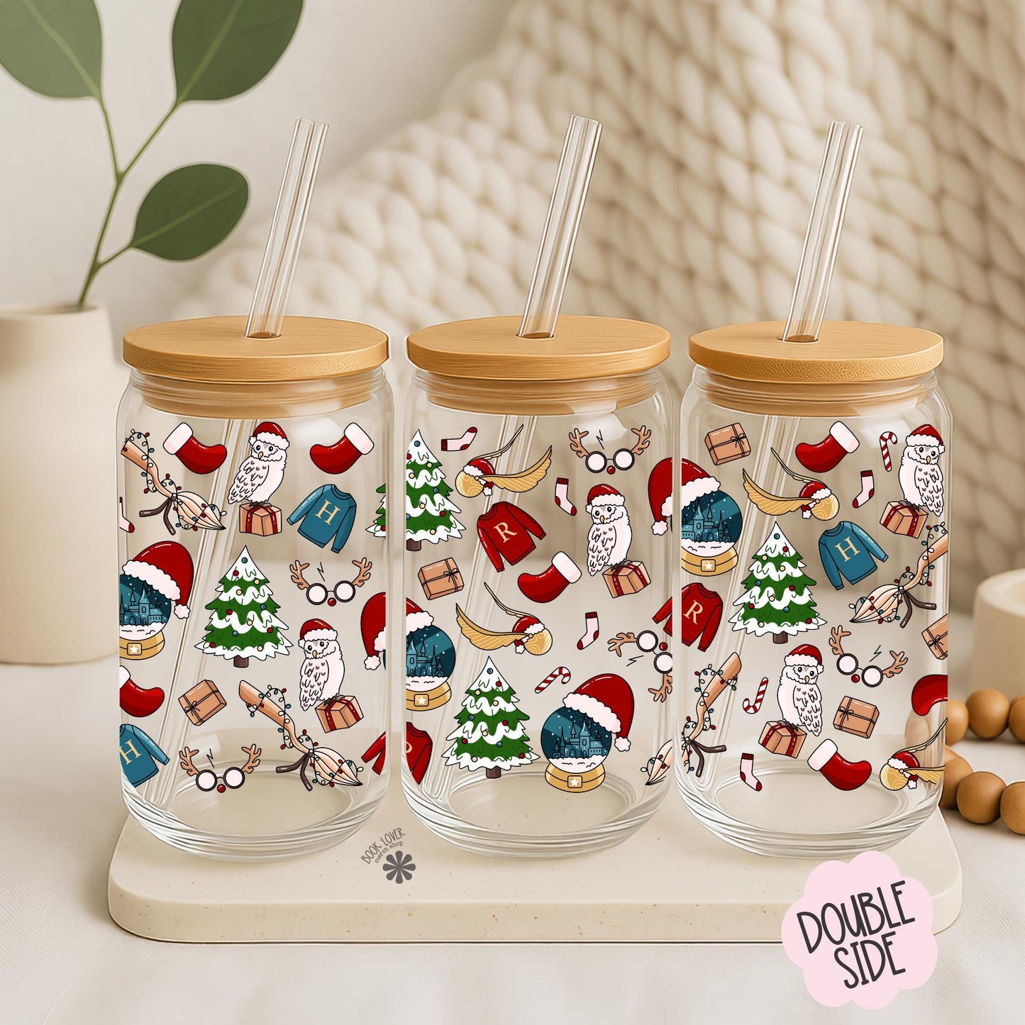 Magic Christmas 16 OZ Glass Can With Lid and Straw / Bookish Mug / Book Lover Gift / Bookish Merch Stickers / UV Dtf Libbey Wrap Transfert