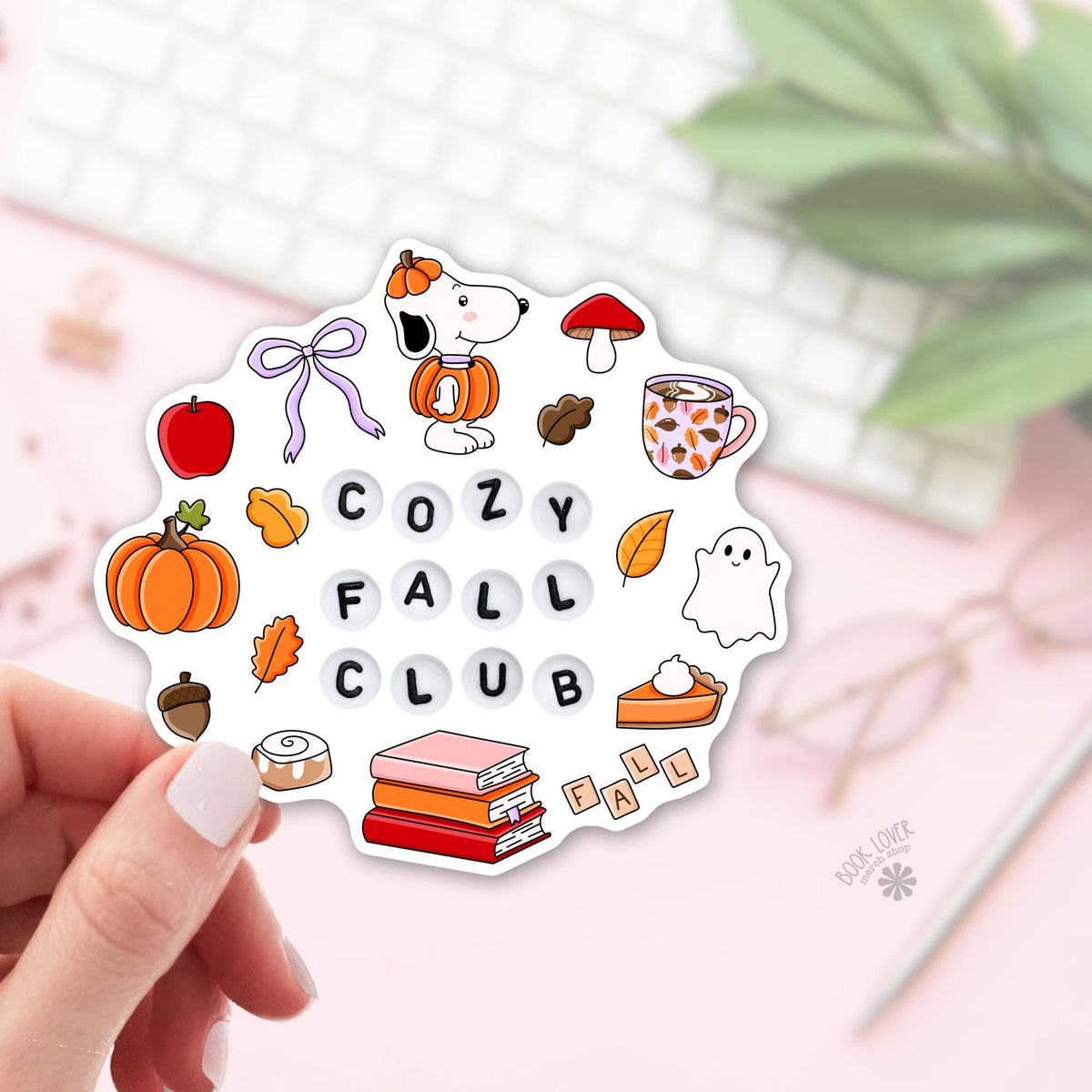 Cozy Fall Club bookish sticker, vinyl die cut, autumn reader gift