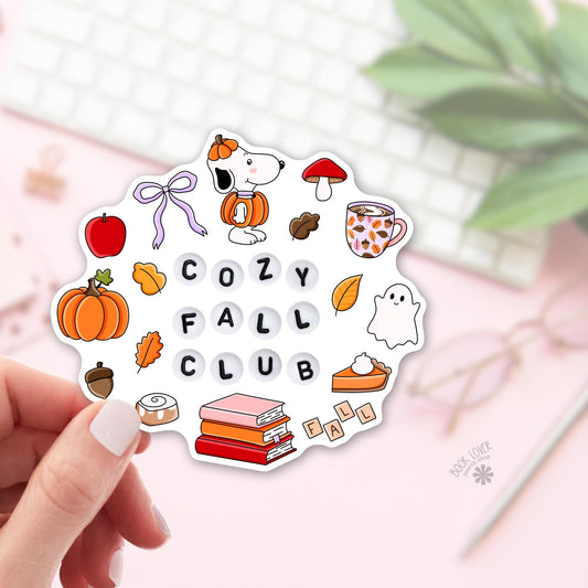 Cozy Fall Club bookish sticker, vinyl die cut, autumn reader gift